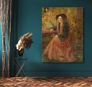 Henry de Groux's 'Tristan en Isolde' painting features a woman at a decorative desk, styled with pampas grass and branches, enhancing any classic art collection.