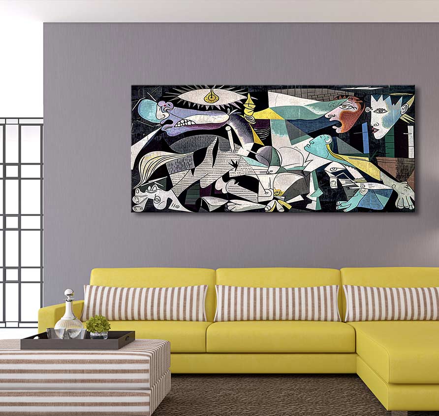 Cubist-style abstract painting inspired by Picasso's Guernica, featuring grayscale figures with color accents, displayed above a bold yellow L-shaped sofa in a modern living room.
