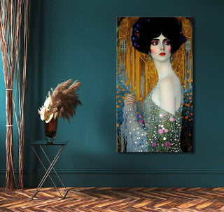 Gustav Klimt – Elegant Lady portrait, Art Nouveau style, oil on canvas. Features a woman in a patterned dress against a decorative background. Perfect for modern interiors.