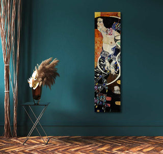 Gustav Klimt's Judith 2, a hand-painted oil on canvas, featuring a richly patterned figure, elegantly displayed in a modern interior with dried pampas.