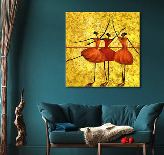 Ballet Dancers - Olieverf op canvas: Three stylized dancers in red skirts, arms outstretched, on a gold background. Perfect for dance-inspired decor.