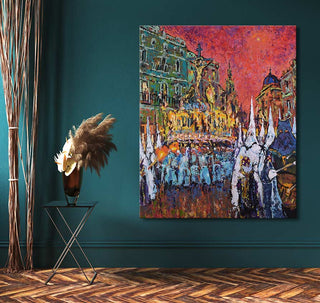 Impressionist oil painting Procession in Malaga 1 showing a twilight street scene with figures in white robes, torches, and a crucifix.