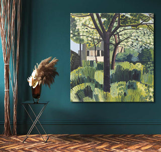 Jean Brusselmans' Spring 1936 oil painting on a teal wall, depicting a sunlit landscape. Displayed with minimalist decor, enhancing modern art appeal.