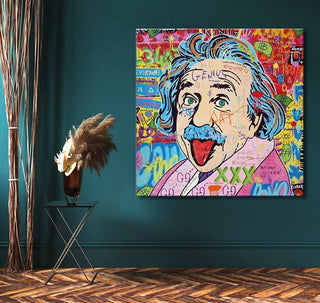 Jisbar - Albert Einstein graffiti-style portrait on teal wall; hand-painted oil on canvas, museum-quality, ready to hang, ideal for pop art enthusiasts.