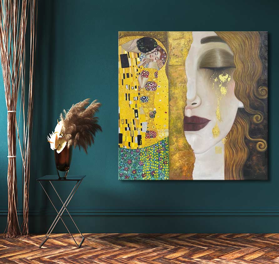 Gustav Klimt – Gouden Kus schilderij: vrouwengezicht en abstracte patronen. Olieverf op canvas, energie en contrast. Klaar om op te hangen.