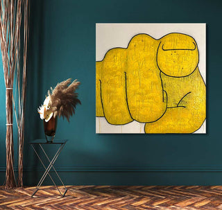 Leonard Forslund's #1: A contemporary pop art painting of a stylized fist, oil on museum-quality canvas, displayed in a modern room with dried grasses.