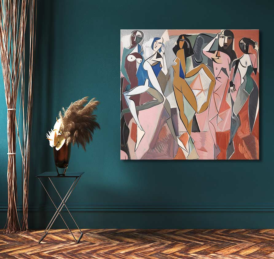 Cubist-style painting of five abstract female figures, inspired by Picasso, on teal wall. Features black-metal side table with pampas grass.
