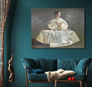Oil painting Lady in Dress by Lu Jun Jian, depicting a woman in ivory gown, adds elegance to any space. Ideal for modern-classical art enthusiasts.