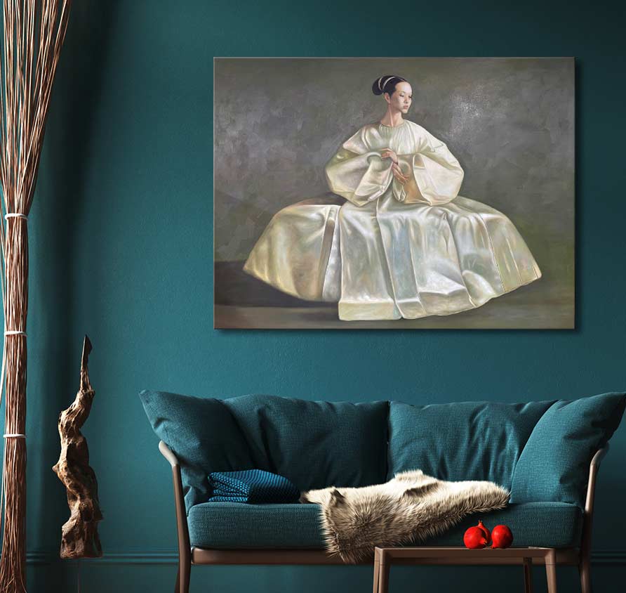 Oil painting Lady in Dress by Lu Jun Jian, depicting a woman in ivory gown, adds elegance to any space. Ideal for modern-classical art enthusiasts.