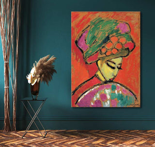 Hand-painted abstract painting Mädchen mit Blumenhut by Alexei von Jawlensky, depicting a stylized woman in profile, ideal for modern interiors.