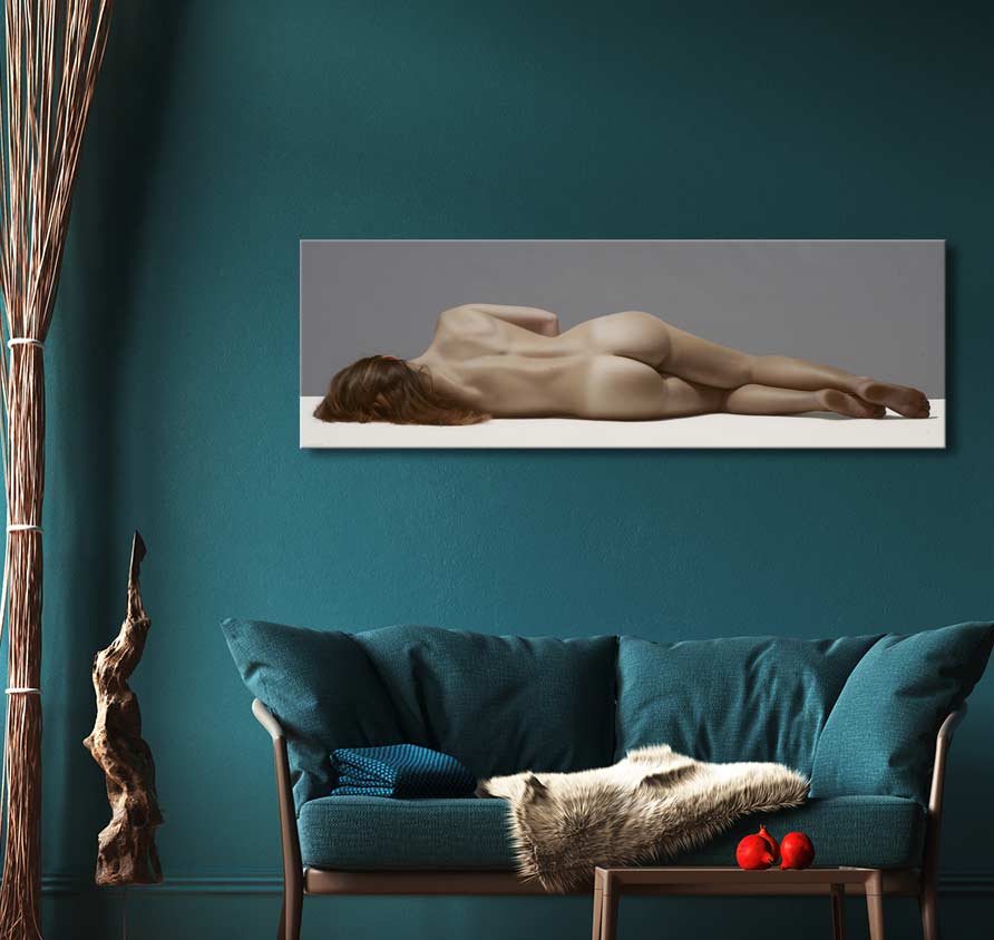 Luciano Ventrone's 'Manuela', a realistic nude canvas, graces a teal-themed modern living room, enhancing its minimalist decor with artful elegance.