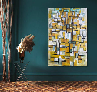 Piet Mondriaan's 'Compositie 11' painting, showcasing abstract shapes, displayed in a modern interior with a black side table and pampas grass in a vase.