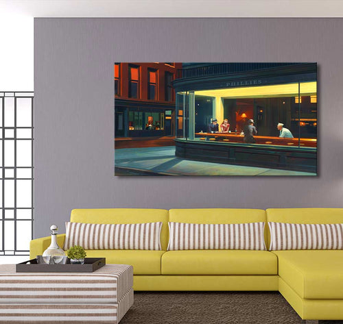Edward Hopper signature - Phillies: Handgeschilderd olieverfschilderij van een eenzaam café, geïnspireerd op 'Nighthawks'. Geschilderd op zuurvrij canvas, zonder lijst nodig.