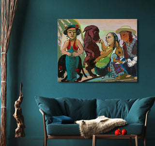 Paula Rego's On the Balcony oil painting depicts four figures with animals in a folk-art style, set against a teal living-room scene.