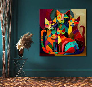 Picasso signature - Vijf Katten: A hand-painted geometric canvas of five stylized cats, vibrant and cubist, perfect for modern interior decor. Ready to hang.
