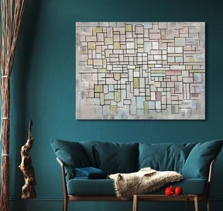 Piet Mondriaan - No. 11 painting: Abstract pastels of interlocking rectangles above teal sofa, adorned with cushion and throw; coffee table with red decor accents.