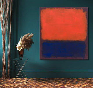 Rothko signature - Compositie 6: Abstract oil painting with orange-red and deep blue fields, enhancing modern interiors. Includes UV protection and ready-to-hang frame.