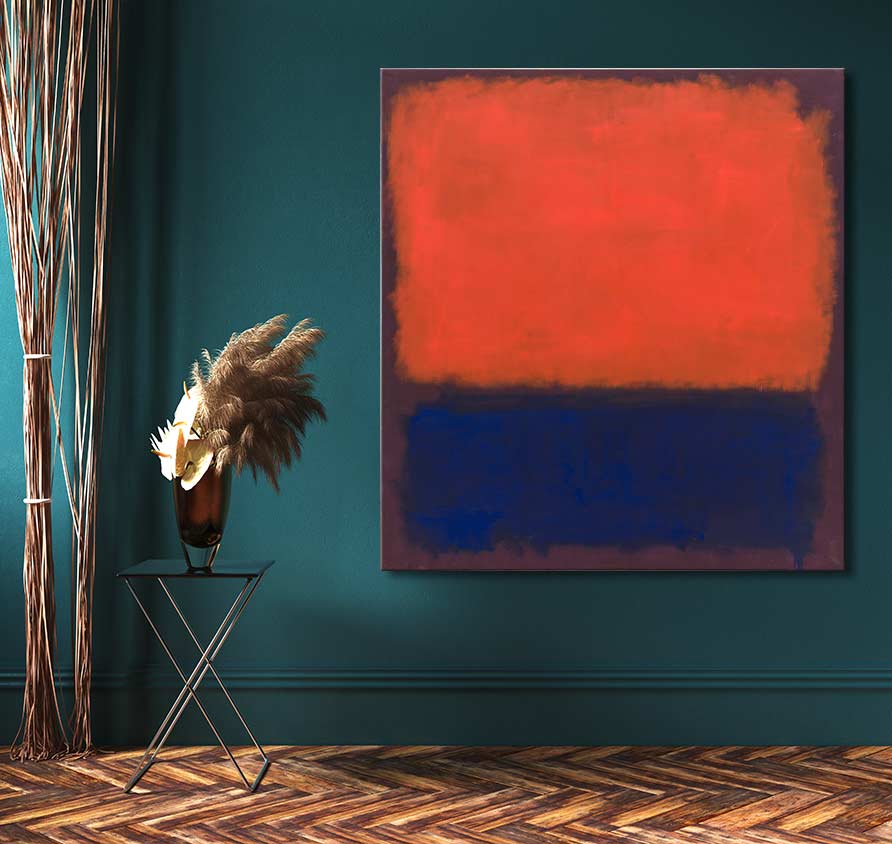 Rothko signature - Compositie 6: Abstract oil painting with orange-red and deep blue fields, enhancing modern interiors. Includes UV protection and ready-to-hang frame.