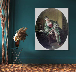 Francois Boucher's 'The Intimate Toilette' painting, featuring an 18th-century woman adjusting her stocking, elegantly displayed on a teal wall with pampas grass accents.