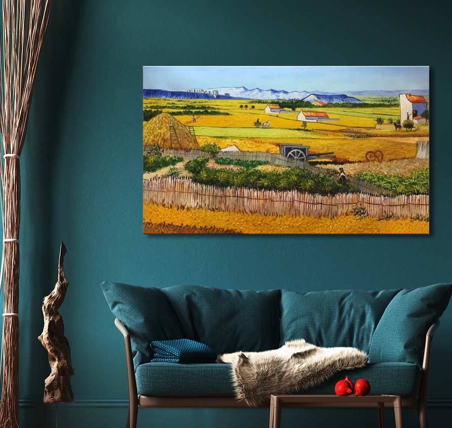 Vincent van Gogh - Graanboerderij in de Provence: Handgeschilderd olieverfschilderij, impressionistisch landschap met graanvelden en boerderijen, gespannen op een houten frame, klaar om op te hangen.