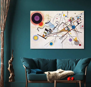 Kandinsky - Compositie 8: Hand-painted abstract artwork with geometric shapes on a teal wall, enhancing a modern living area with expressive vitality.