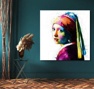 Patrice Murcaino - 'Meisje met de Parel' painting in pop-art style, displayed against a teal wall with a glass vase and dried grasses on a side table.