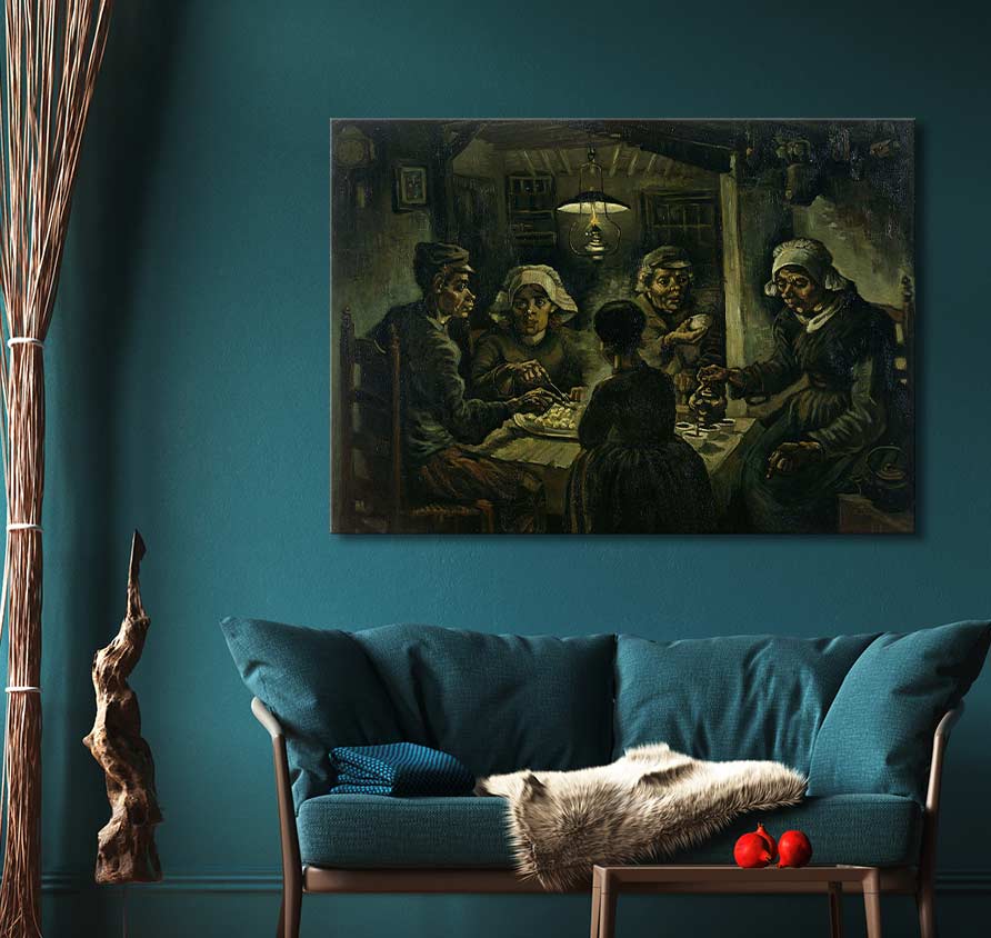 Vincent van Gogh - Aardappeleters; vijf boeren rond een tafel. Handgeschilderd olieverfschilderij, museumkwaliteit, klaar om op te hangen, onderdeel van interieurontwerp.