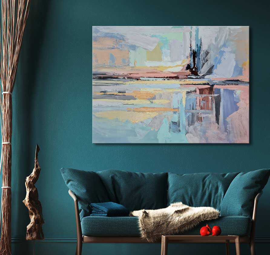 Abstract Pureness oil painting on teal wall in modern lounge, featuring abstract pastels. Styled with teal sofa, wooden table, and natural accents. Ready to hang.