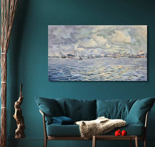 Mid-century living room with Marius de Jongere's 'Havenpanorama' oil painting above the sofa, depicting a busy harbor, enhancing classic art enthusiasts' spaces.