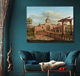 Classical waterside scene with drawbridge and gatehouse, oil on canvas. Hand-painted, ready-to-hang. Ideal for lovers of classic art and interior design.