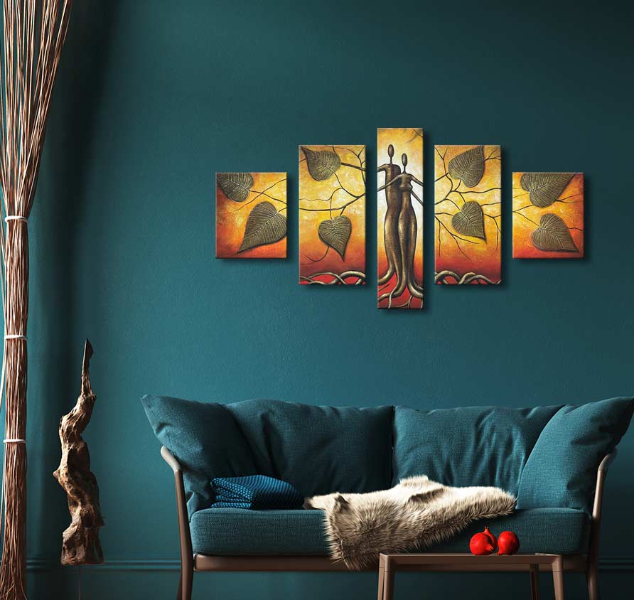 Adam en Eva – Olieverf 5-Luik toont abstracte figuren en bladeren in warme tonen, perfect voor een modern interieur. Geschilderd op hoogwaardig canvas.