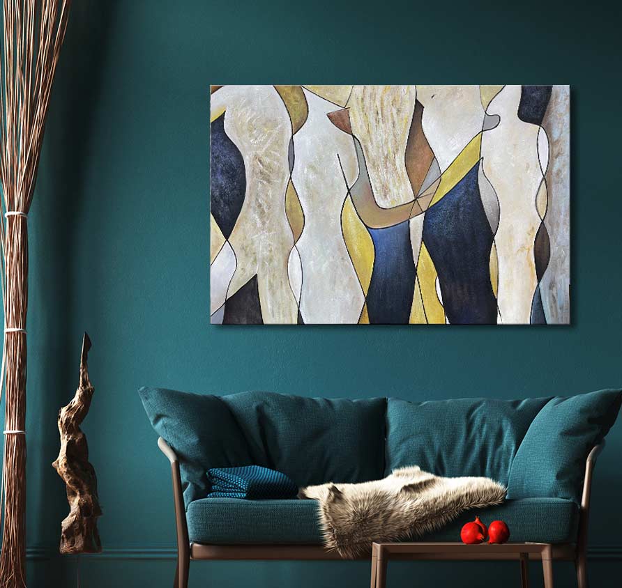 Abstract schilderij 'People' - kubistisch weergegeven figuren, moderne olieverf op canvas. Hangt boven een moderne bank, geïntegreerd in een stijlvol interieur.