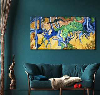 Vincent van Gogh's Boomwortels painting, showcasing abstract tree trunks in a living-room setting with teal sofa and artistic accents.