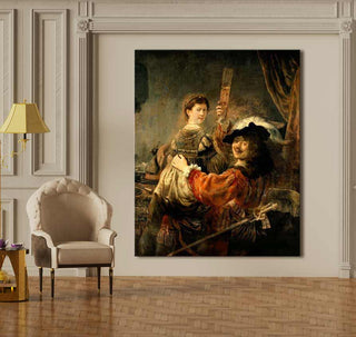 Rembrandt van Rijn – De Verloren Zoon in het Bordeel: handgeschilderd olieverfschilderij met een toostende man en vrouw, barokke stijl, op museumkwaliteit canvas.
