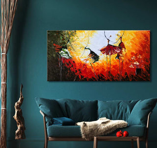 Vier Danseressen - Olieverf op canvas (100x50cm): A vibrant oil painting of four stylized dancers, perfect for dance-inspired art lovers. Ready to hang.