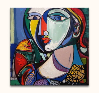 Cubist-style portrait, Picasso signature - Vrouw met Peren, featuring a geometric woman’s face with bold colors and textures, hand-painted on canvas.