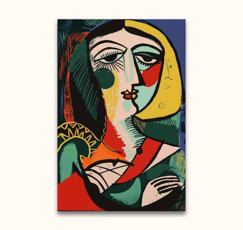 Picasso signature - Portrait of a Young Girl: A cubist-style, hand-painted artwork depicting a stylized female figure with bold geometric shapes, capturing modern artistic vitality.