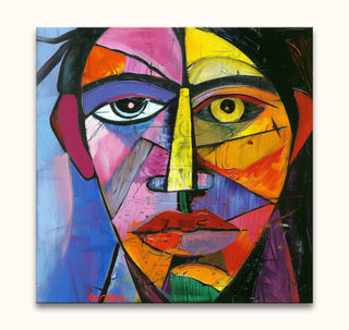 Cubist-inspired Picasso signature self-portrait. Abstract face with angular planes and vivid colors, hand-painted on museum-quality canvas, ready to hang without a frame.