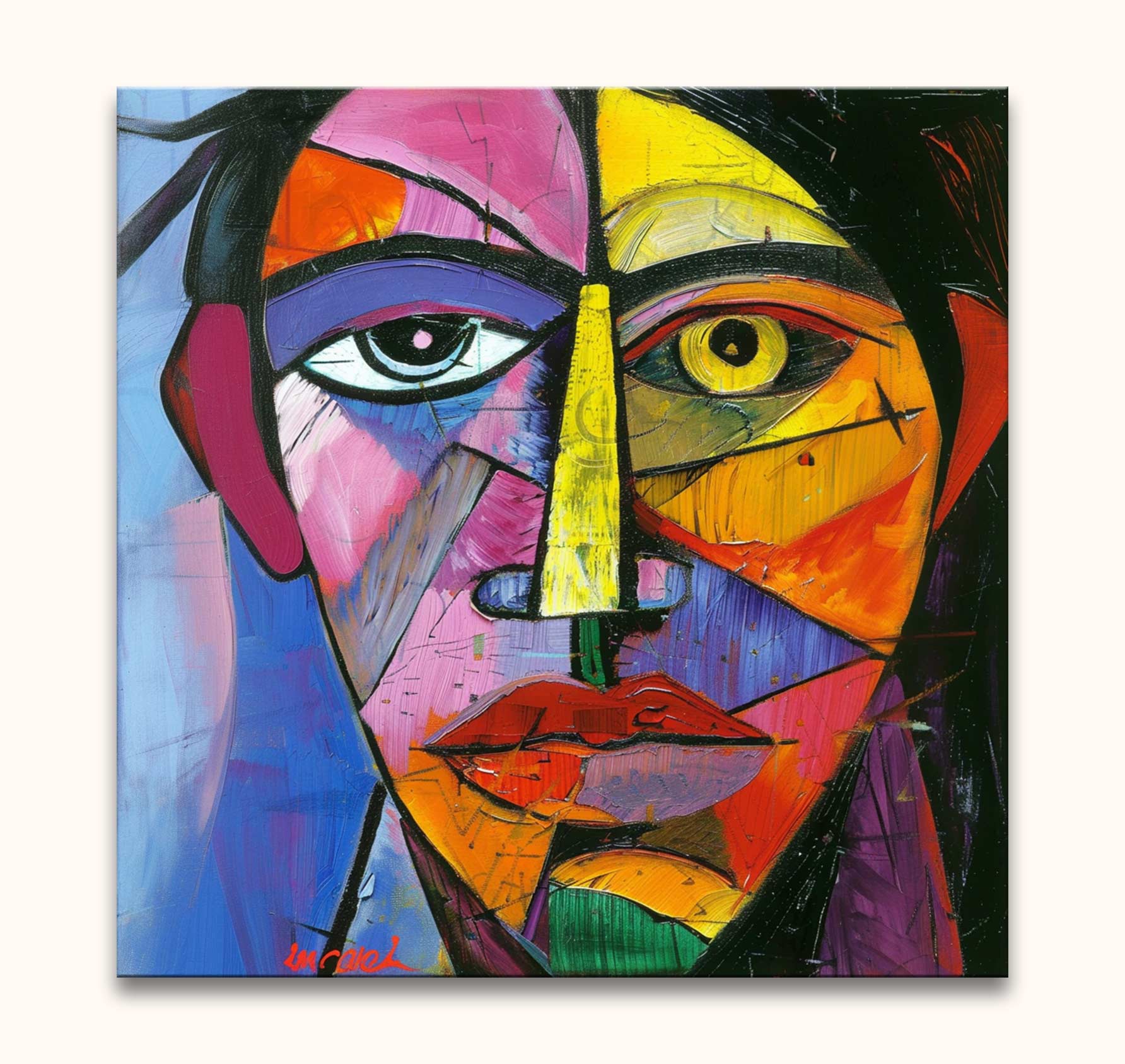 Cubist-inspired Picasso signature self-portrait. Abstract face with angular planes and vivid colors, hand-painted on museum-quality canvas, ready to hang without a frame.