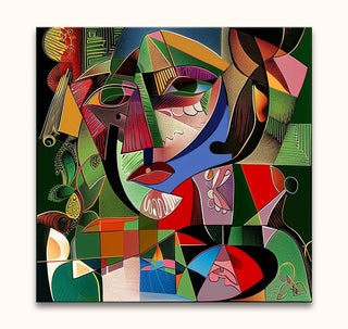 Picasso signature - Vrouw met Kraai: Abstract cubist artwork depicting a fragmented female face with crow, showcasing vibrant geometric shapes on canvas. Ready-to-hang.
