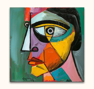 Cubist-style painting titled 'Pablo Picasso's Alter Ego', featuring a geometric human face with vibrant colors. Hand-painted, stretched on wood, ready to hang.