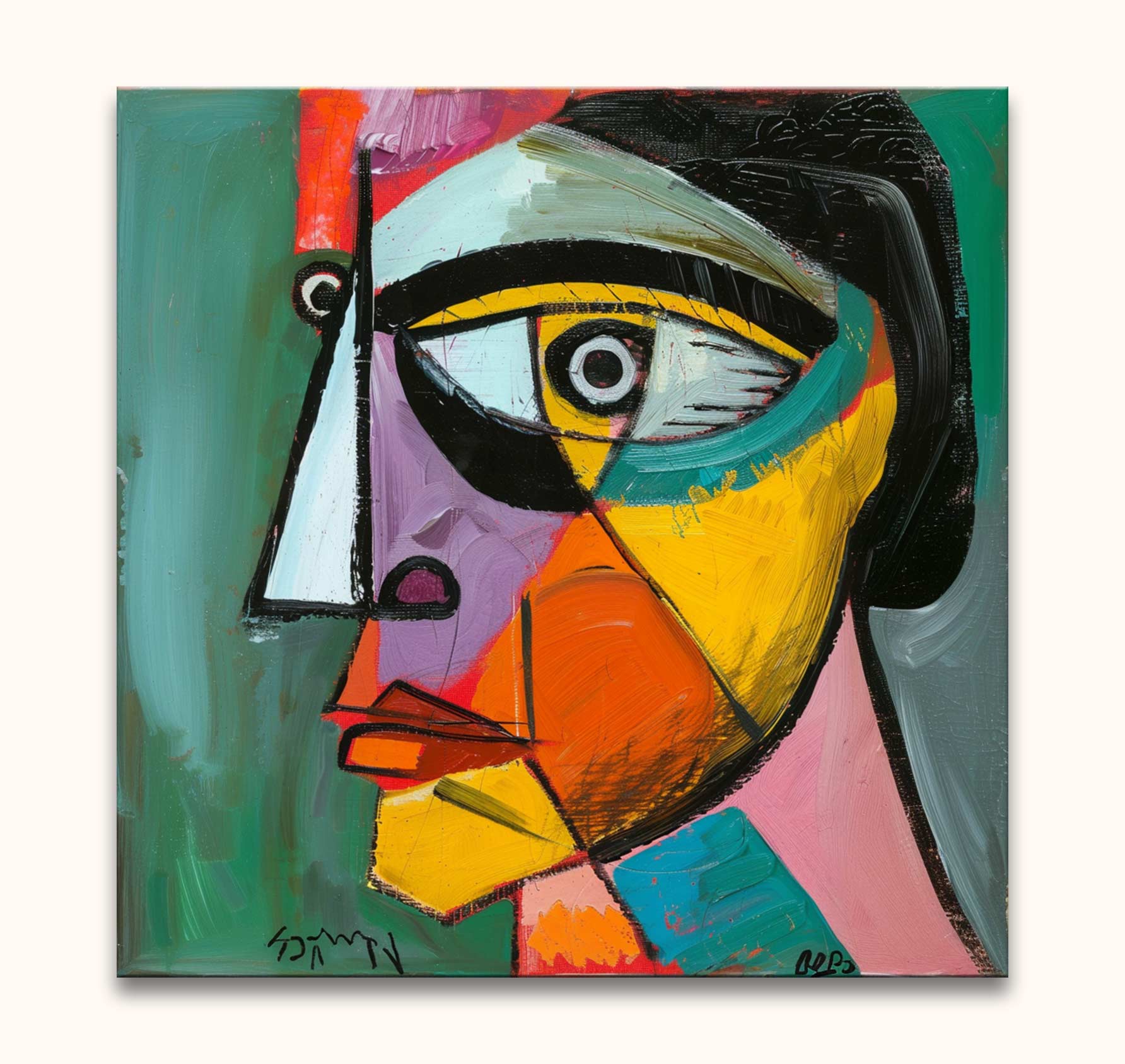 Cubist-style painting titled 'Pablo Picasso's Alter Ego', featuring a geometric human face with vibrant colors. Hand-painted, stretched on wood, ready to hang.