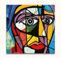 Cubist-style painting titled Picasso signature - Abstract Portret, featuring a vibrant human face with geometric planes and bold colors, reminiscent of Picasso's style.
