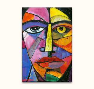 Cubist-inspired abstract portrait with geometric planes and bold hues, titled Picasso Signature - Abstract Hoofd. Hand-painted, ready-to-hang on high-quality canvas.