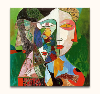 Cubist-style painting, 'Dora Maar' by Picasso, features interlocking human profiles in vibrant colors. Hand-painted, ready to hang, museum-quality canvas.