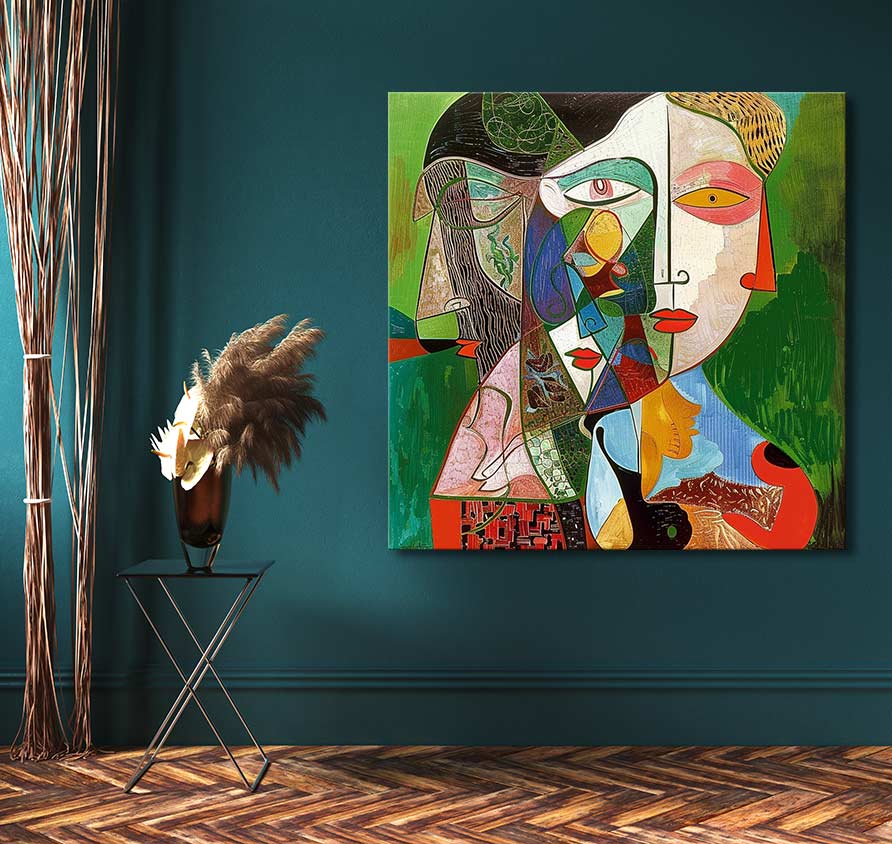 Abstract cubist painting, Picasso signature - Dora Maar, featuring two geometric faces. Displayed in a modern setting with a side table and pampas grass arrangement.