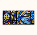 Abstract oil painting titled 'La Vie' with Picasso signature, featuring geometric shapes and a stylized face. Hand-painted on museum-quality, UV-protected canvas.