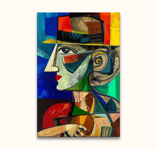Cubist-style portrait Picasso signature - De Absintdrinker with abstracted face, geometric shapes, and vibrant colors. Hand-painted oil on high-quality canvas.