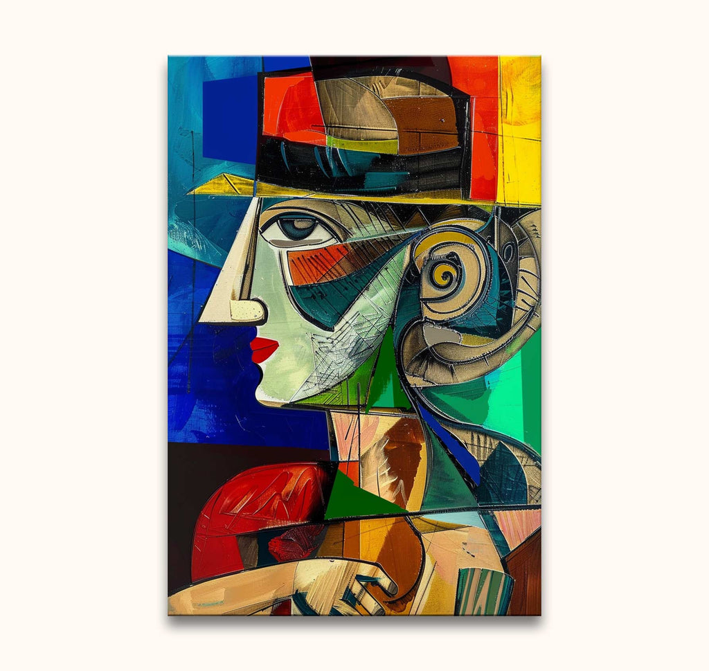 Cubist-style portrait Picasso signature - De Absintdrinker with abstracted face, geometric shapes, and vibrant colors. Hand-painted oil on high-quality canvas.