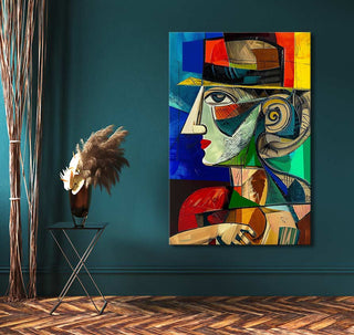Cubist-style portrait of a man drinking absinthe by Picasso, titled De Absintdrinker. Hand-painted on high-quality canvas, ready to hang.